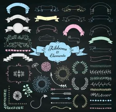Vector Chalk Drawing Design Elements and Ribbons Set Illustrazione stock