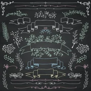 Vector Chalk Drawing Floral Design Elements, Ribbons Illustrazione stock