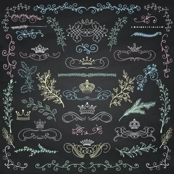 Vector Chalk Drawing Floral Design Elements, Crowns Stock Illustration