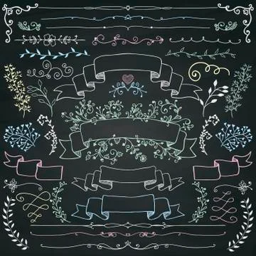 Vector Chalk Drawing Floral Design Elements, Ribbons 库存插图