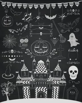 Vector Chalk Drawing Hand Sketched Doodle Halloween Icons Stock Illustration