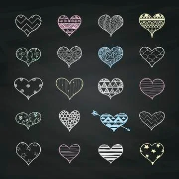 Vector Chalk Drawing Heart Shapes with Doodle Patterns Stock Illustration
