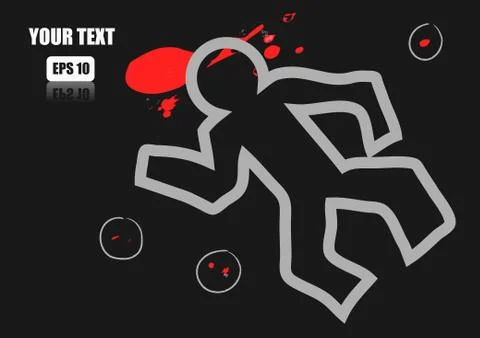 Vector : Chalk outline of dead body and blood on a road Stock Illustration
