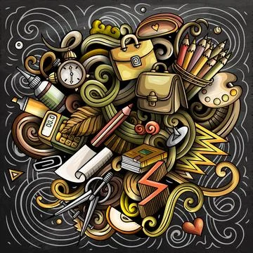 Vector chalkboard illustration of school and education objects Illustrazione stock