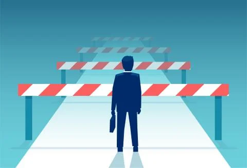Vector of a challenged businessman standing in front of many obstacles Stock Illustration