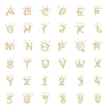 Vector character set of letters and numbers with a smile in doodle style on a Stock Illustration