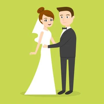 Vector characters: just married couple man and woman. Newlywed Bride &amp; Groom. Stock Illustration