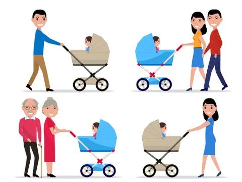 Vector characters parents with a stroller a child Stock Illustration