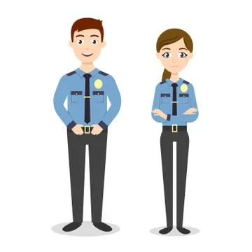 Vector characters: two young happy police officers, man and woman. Illustrazione stock