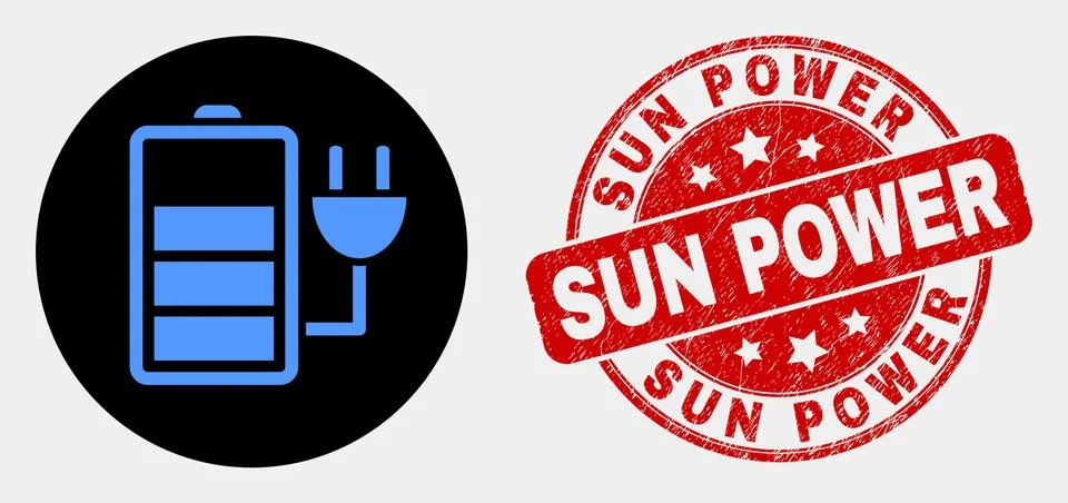 Vector Charge Battery Icon and Distress Sun Power Stamp Seal Ilustração Stock