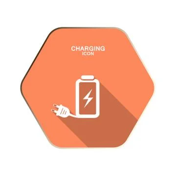 Vector Charging icon with lightning on the red hexagon background with shadow Stock Illustration