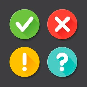 Vector check mark exclamation mark, question mark icons set. Flat icons for w Stockillustratie