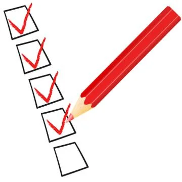 Vector check mark symbol and icon on red checklist with pen for business desi Stock Illustration