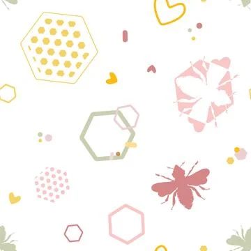 Vector Cheerful Abstract Bees and Honeycomb Shapes Memphis style inspired Illustrazione stock
