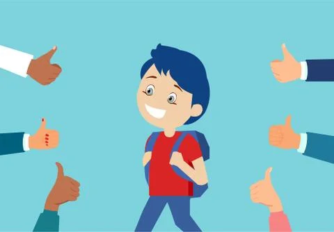 Vector of a cheerful boy student surrounded by hands giving thumbs up Stock Illustration