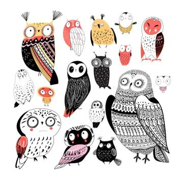 Vector cheerful collection of graphic owls on a white background. Stock Illustration