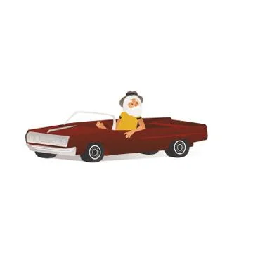 Vector cheerful elderly man drive retro cabrio car Stock Illustration