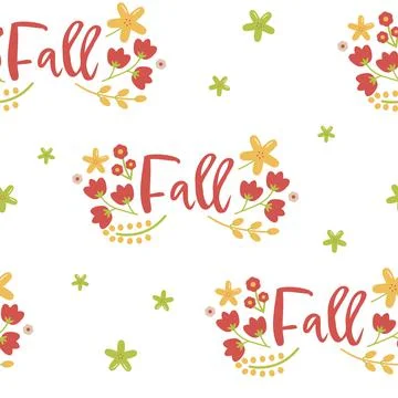 Vector Cheerful Fall Folklore Florals in Yellow Red and Green seamless pattern Stock Illustration