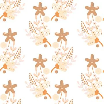 Vector Cheerful Folklore Florals in Soft Pinks and Browns seamless pattern Stock Illustration