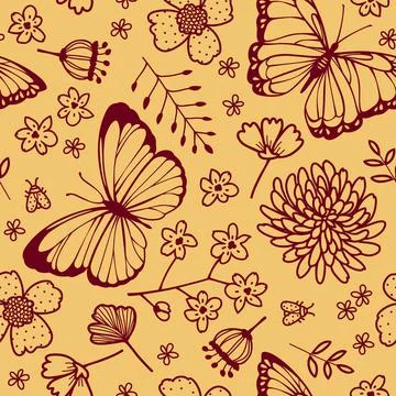 Vector cheerful seamless pattern with contour pattern of stylized decorative  Stock Illustration