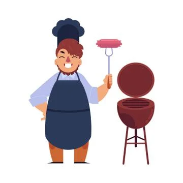 Vector chef man holding sausage barbecue bbq grill Illustrazione stock