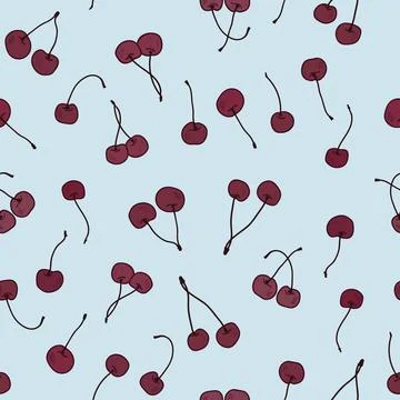 Vector cherries on blue seamless pattern print background. Stock Illustration