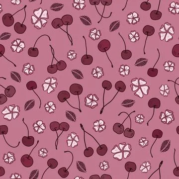 Vector cherries on pink seamless pattern print background. Stock Illustration