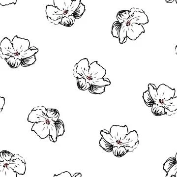 Vector Cherry Blossom Lineart in Black and White with a bit of Pink seamless Stock Illustration