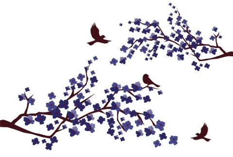 Vector Cherry Branches with Birds Stock Illustration
