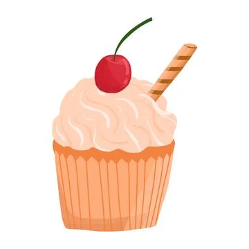 Vector cherry cupcake in cartoon hand drawn style. Delicious dessert, sweet Stock Illustration