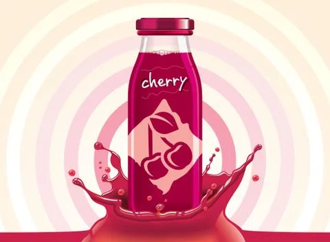 Vector cherry juice, fruit glass bottle with drop splash Stock Illustration
