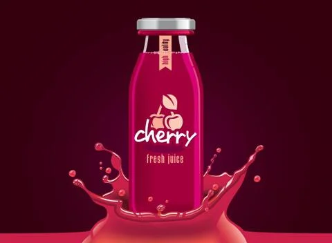 Vector cherry juice, fruit glass bottle with drop splash Stock Illustration