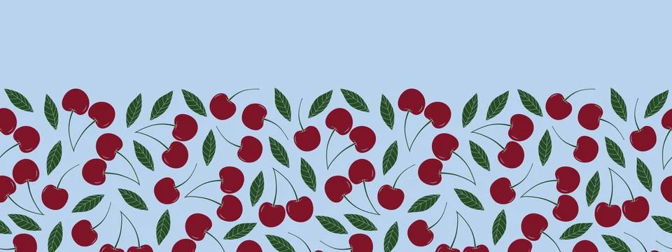 Vector cherry repeat seamless border. Wine red cherries with leaves on light Stock Illustration