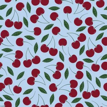 Vector cherry repeat seamless pattern. Wine red cherries with leaves on light Stock Illustration