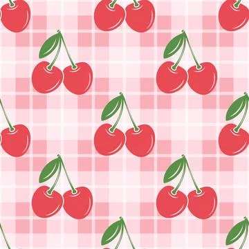 Vector Cherry Seamless Pattern Background with Cute Cherries on Pink Gingham Illustrazione stock