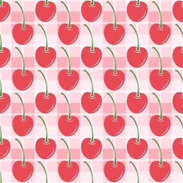 Vector Cherry Seamless Pattern Background with Cute Cherries on Pink Gingham 스톡 일러스트