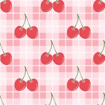 Vector Cherry Seamless Pattern Background with Cute Red Cherries on Pink Gingham Stock Illustration