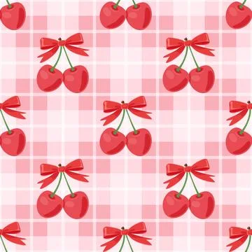 Vector Cherry Seamless Pattern Background with Cute Red Cherries on Pink Gingham Stock Illustration