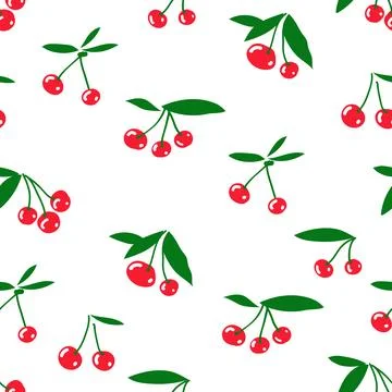 Vector cherry seamless pattern. Red berries and green leaves on white. Stock Illustration