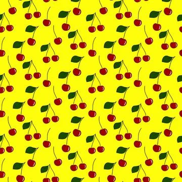 Vector cherry seamless pattern on yellow background. Hand drawn illustration Stock Illustration