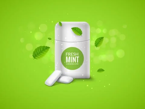 Vector chewing gum package box and green mint for fresh breath. Dental health Stock Illustration