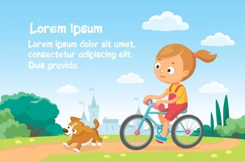 Vector child rides bicycle in natural summer landscape. Stock Illustration