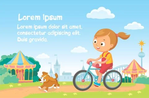 Vector child rides bicycle in natural summer landscape. Illustrazione stock