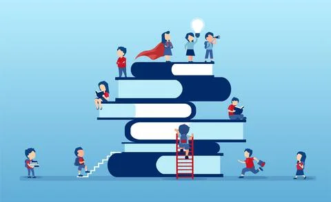 Vector of children climbing up on a top of a stack of books eager to learn Stock Illustration