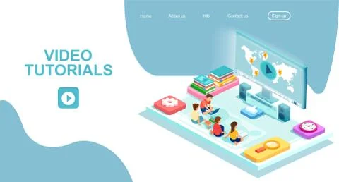 Vector of children learning online watching tutorials Stockillustratie