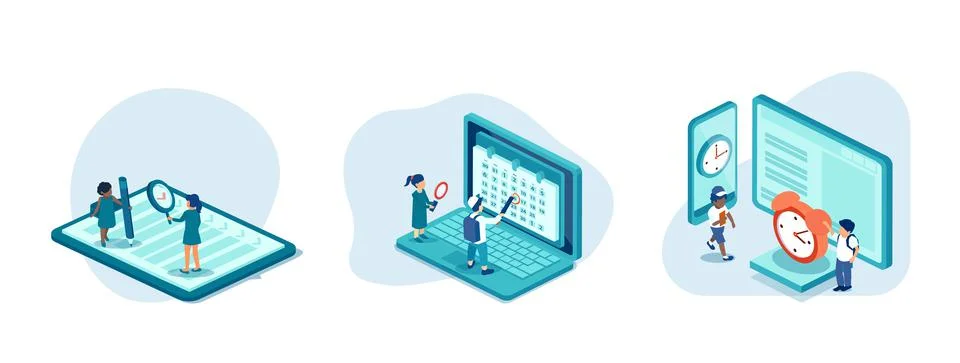Vector of children planning schedule, managing study time, filling up check l Stock Illustration