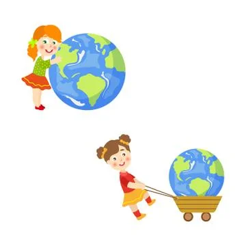 Vector children saving earth planet concept set Stock Illustration