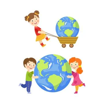Vector children saving earth planet concept set Stock Illustration