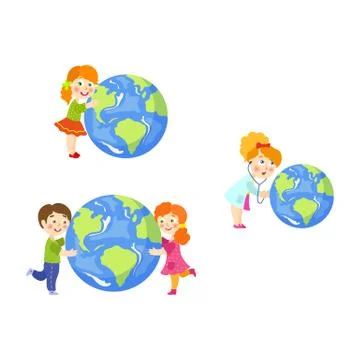 Vector children saving earth planet concept set Stock Illustration