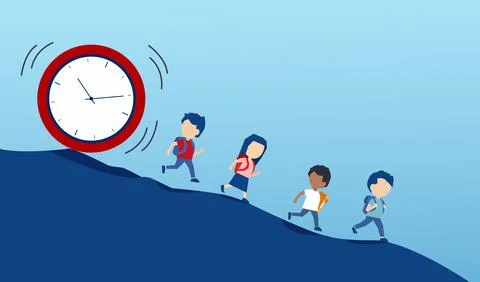 Vector of children students running away from a falling clock down the hill. Stock Illustration